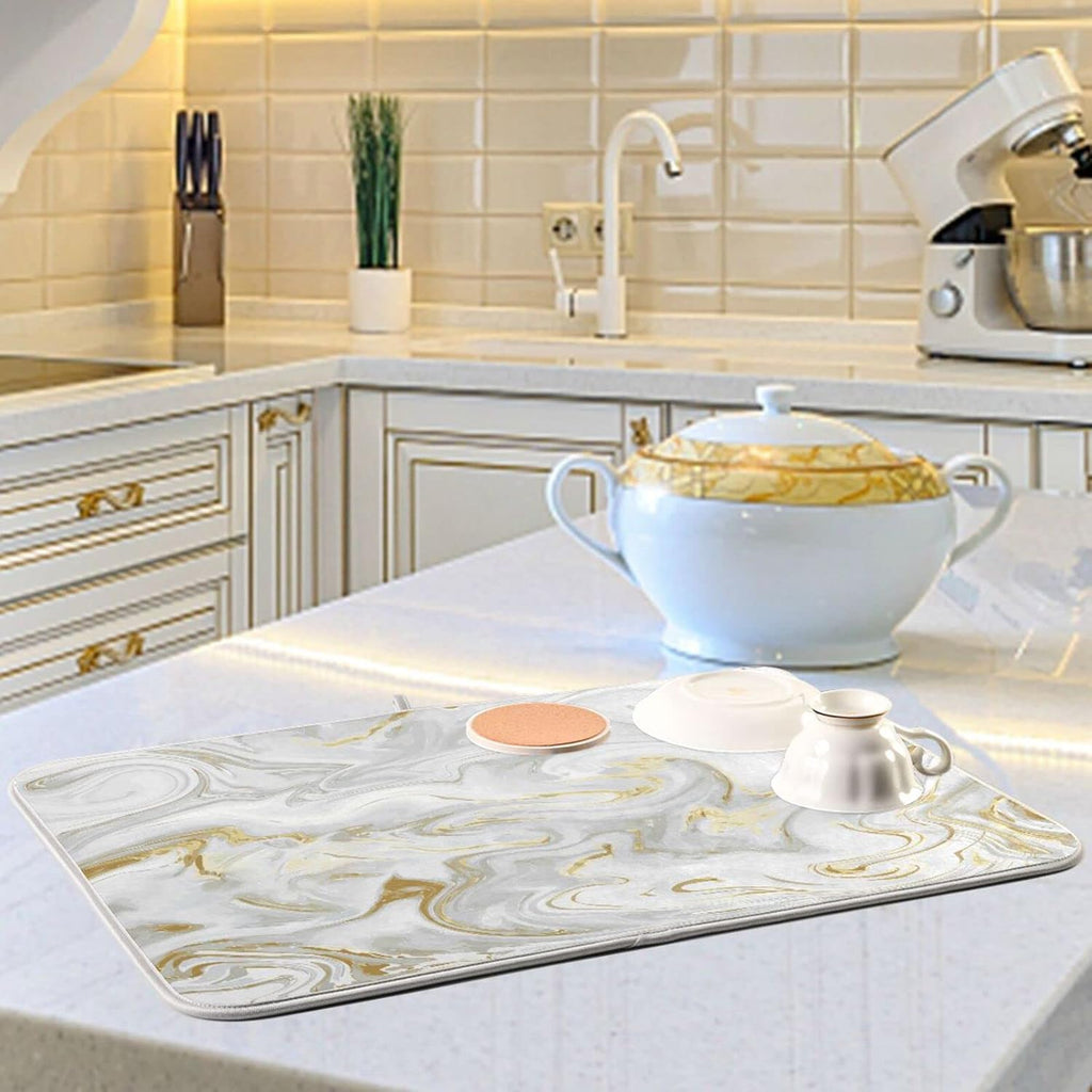 White Grey Gold Marble Fluid Dish Drying Mat for Kitchen Counter Absorbent Microfiber Drying Pad, Medium 16x18 in, Reversible Drainer Mats