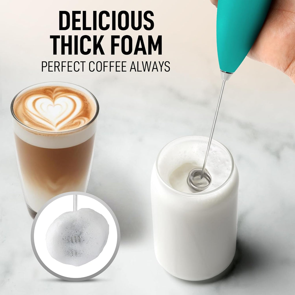 Zulay Kitchen Powerful Double Whisk Milk Frother Handheld - Foam Maker With Stand - Whisk Drink Mixer for Coffee, Mini Foamer for Latte, Matcha, Frappe, Hot Chocolate & Cappuccino (Caribbean Aqua)
