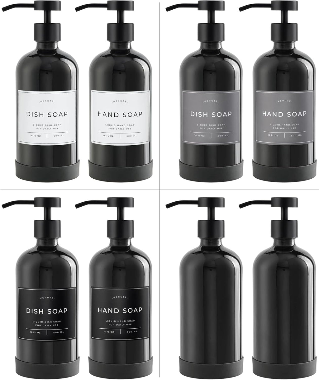16oz Glass Soap Dispenser with Stainless Steel Pump, 21 Waterproof Labels, Non-Slip Protective Silicone Pad, Set of 2 for Bathroom & Kitchen (Gloss Black Bottle/Black Pump)