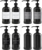 16oz Glass Soap Dispenser with Stainless Steel Pump, 21 Waterproof Labels, Non-Slip Protective Silicone Pad, Set of 2 for Bathroom & Kitchen (Gloss Black Bottle/Black Pump)
