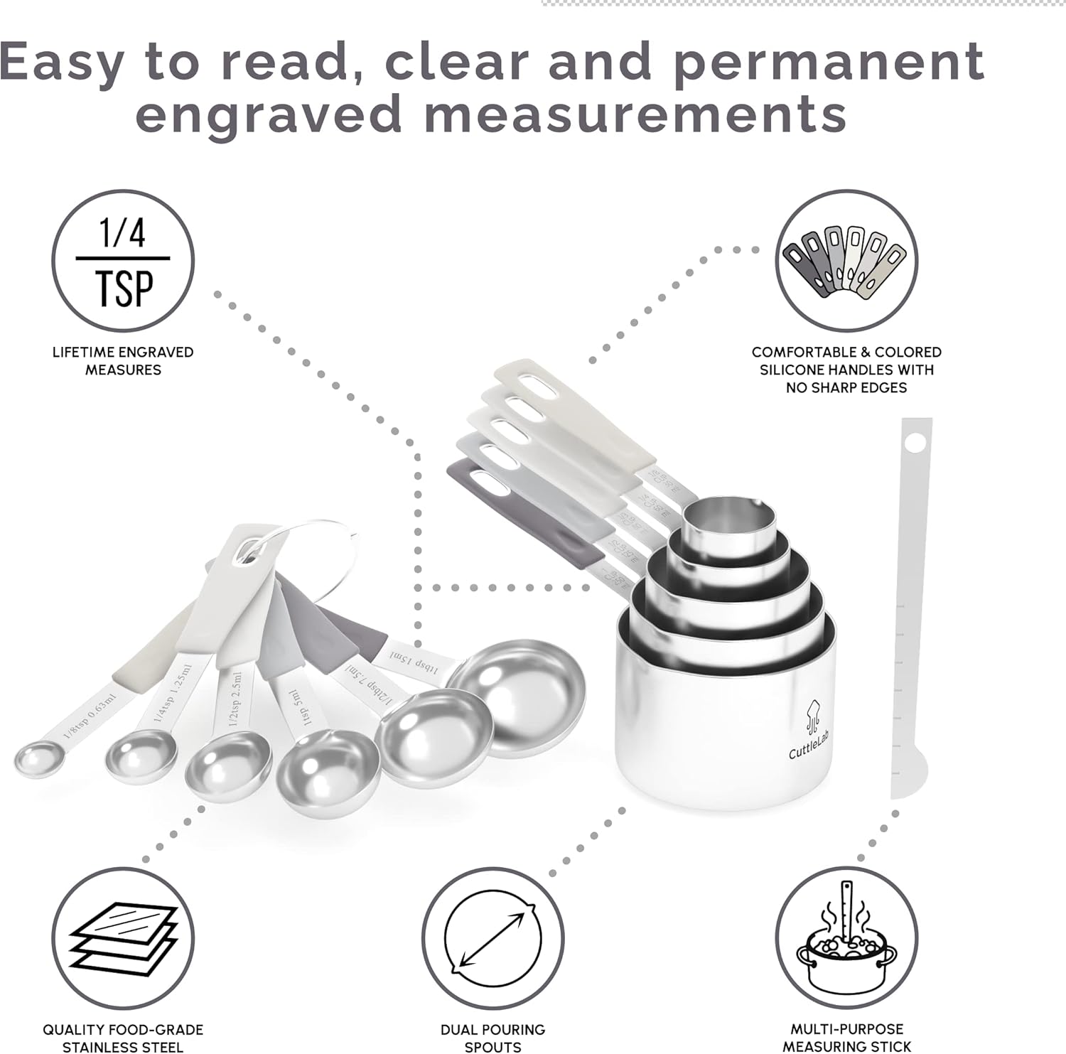 Measuring Cups and Measuring Spoons Set of 14 - Stainless Steel Measuring Cups and Spoons Set, Includes 1/8 Teaspoon Measuring Spoon, 1/8 Cup Measuring Cup, Leveler Dry (14, Charcoal)