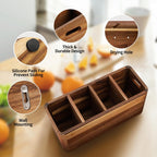 Kitchen Utensil Holder with 4 Compartments, Large Acacia Wood Utensil Caddy Storage Caddy Organizer Countertop for Flatware Silverware Fork Spoon Spatula