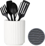 Small Utensil Holder for Kitchen Counter (H5.51” x W4.92”), Countertop Utensil Holder for Kitchen Ceramic, Utensils Crock for Countertop, Includes Silicone Drying Mat, White