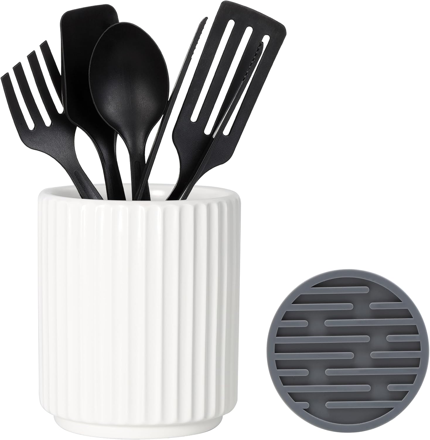 Small Utensil Holder for Kitchen Counter (H5.51” x W4.92”), Countertop Utensil Holder for Kitchen Ceramic, Utensils Crock for Countertop, Includes Silicone Drying Mat, White