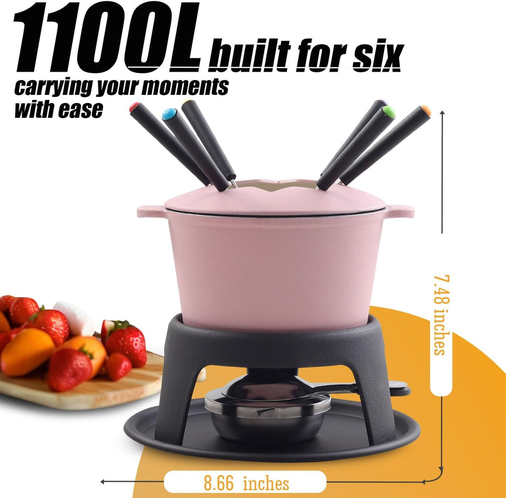 Artestia Cast Iron Cheese Fondue Pot Set for Chocolate Swiss Fondue Set Camping Fondue Set with 6 Fondue Forks, 11-Piece Cheese Fondue Set Serve 6 Persons (Pink)