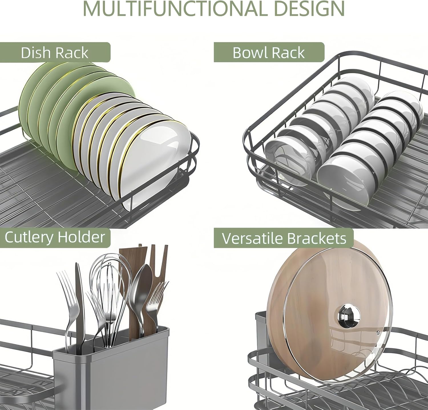 Dish Drying Rack Stainless Steel Drying Racks for Kitchen Counter Large Capacity Storage Racks with Drainboard Curlery Holder Gray