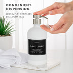 16oz Glass Soap Dispenser with Stainless Steel Pump, 21 Waterproof Labels, Non-Slip Protective Silicone Pad, Set of 2 for Bathroom & Kitchen (Matte White Bottle/Brushed Silver Pump)