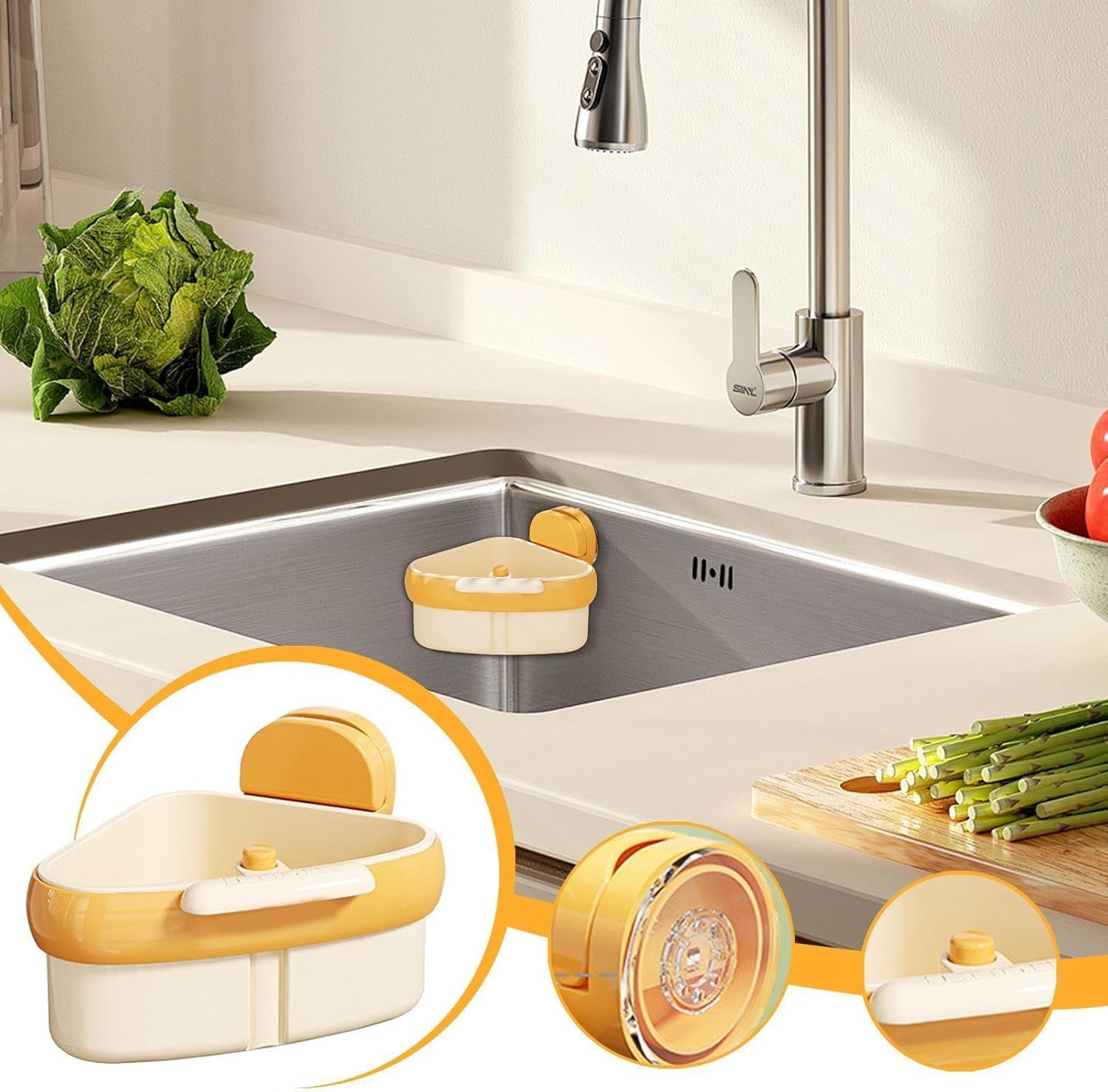 Kitchen Corner Sink Strainer with Suction Cup, Food Waste & Trash Basket, Triangle Drain Rack with Automatic Dumping, Perfect for Vegetables, Scraps & Easy Cleaning