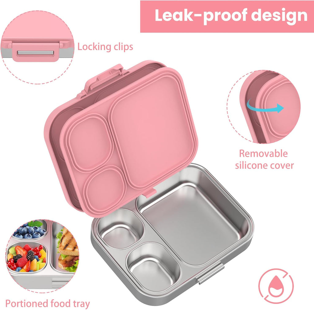 Stainless Steel Bento Lunch Box for Kids | 3-Compartment Lunch Box Container Kids | 100% Leakproof, Dishwasher-Safe, Eco-Friendly, Perfect Portion Control for Kids&Adult Healthy Meals (Pink)