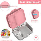 Stainless Steel Bento Lunch Box for Kids | 3-Compartment Lunch Box Container Kids | 100% Leakproof, Dishwasher-Safe, Eco-Friendly, Perfect Portion Control for Kids&Adult Healthy Meals (Pink)