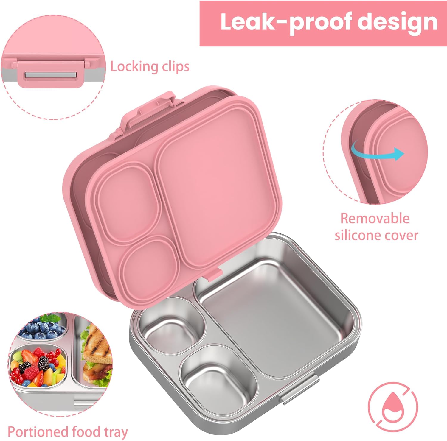 Stainless Steel Bento Lunch Box for Kids | 3-Compartment Lunch Box Container Kids | 100% Leakproof, Dishwasher-Safe, Eco-Friendly, Perfect Portion Control for Kids&Adult Healthy Meals (Pink)