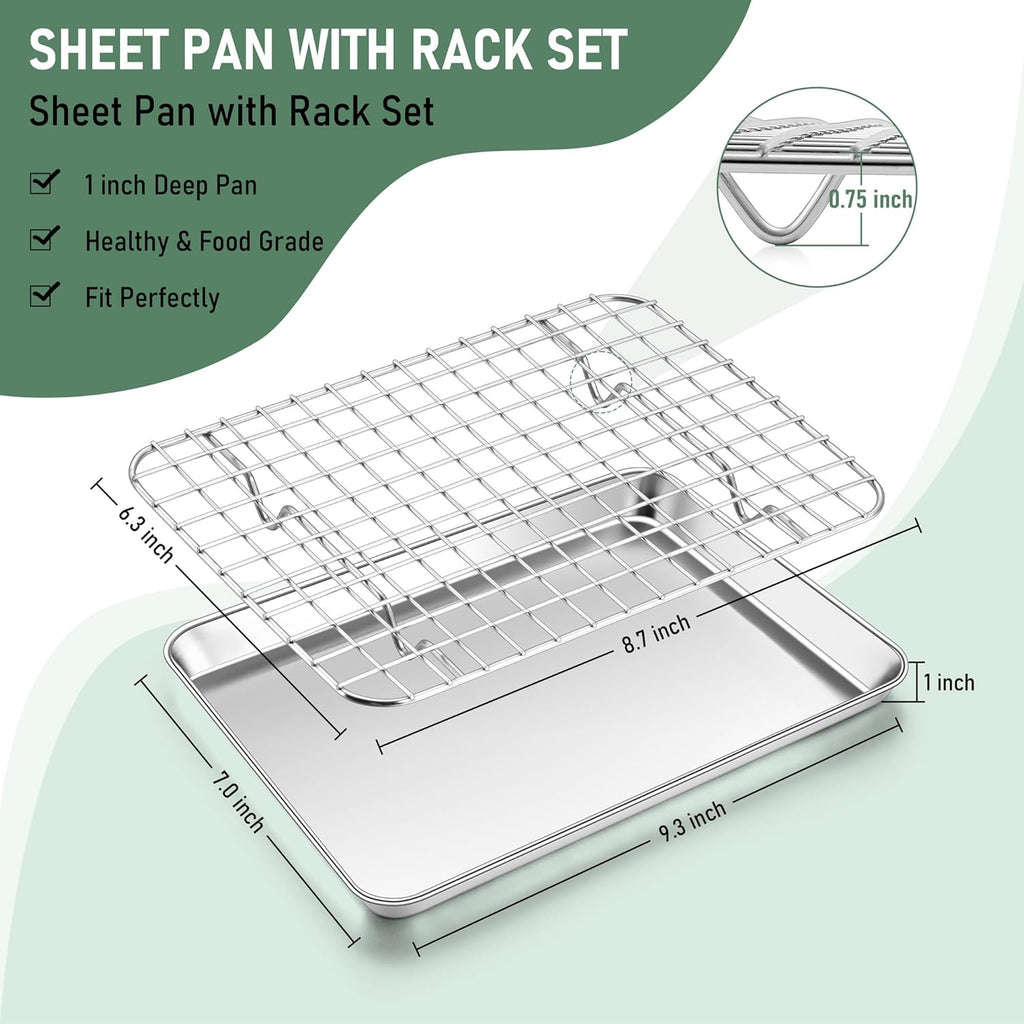 Toaster Oven Pan with Rack Set (2 Small Baking Sheets+2 Grill Racks), 9 x 7 Inch Stainless Steel Small Cookie Sheets Bacon Tray with Grid Cooling Racks for Baking Roasting Grilling, Dishwasher Safe
