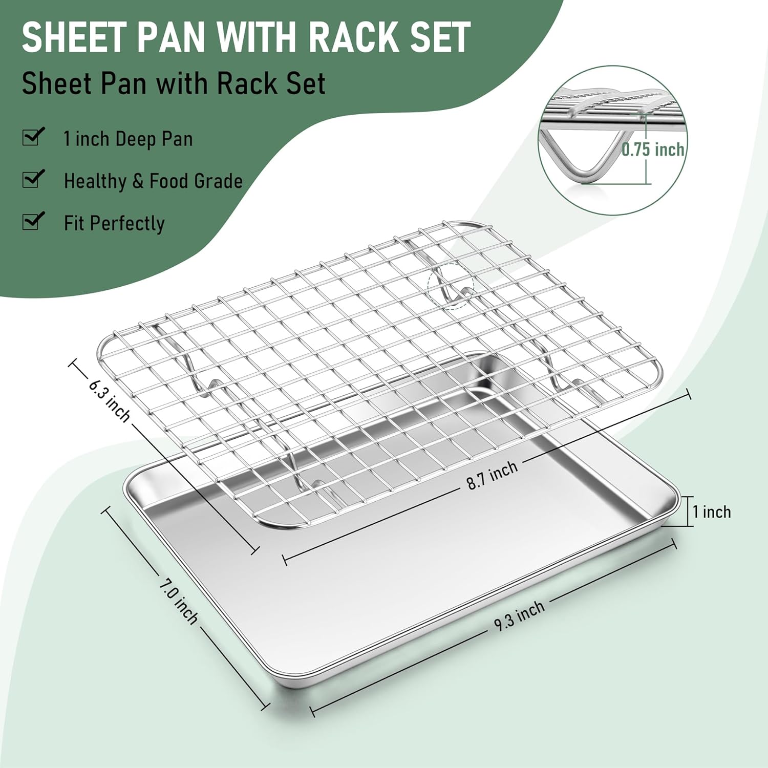 Toaster Oven Pan with Rack Set (2 Small Baking Sheets+2 Grill Racks), 9 x 7 Inch Stainless Steel Small Cookie Sheets Bacon Tray with Grid Cooling Racks for Baking Roasting Grilling, Dishwasher Safe