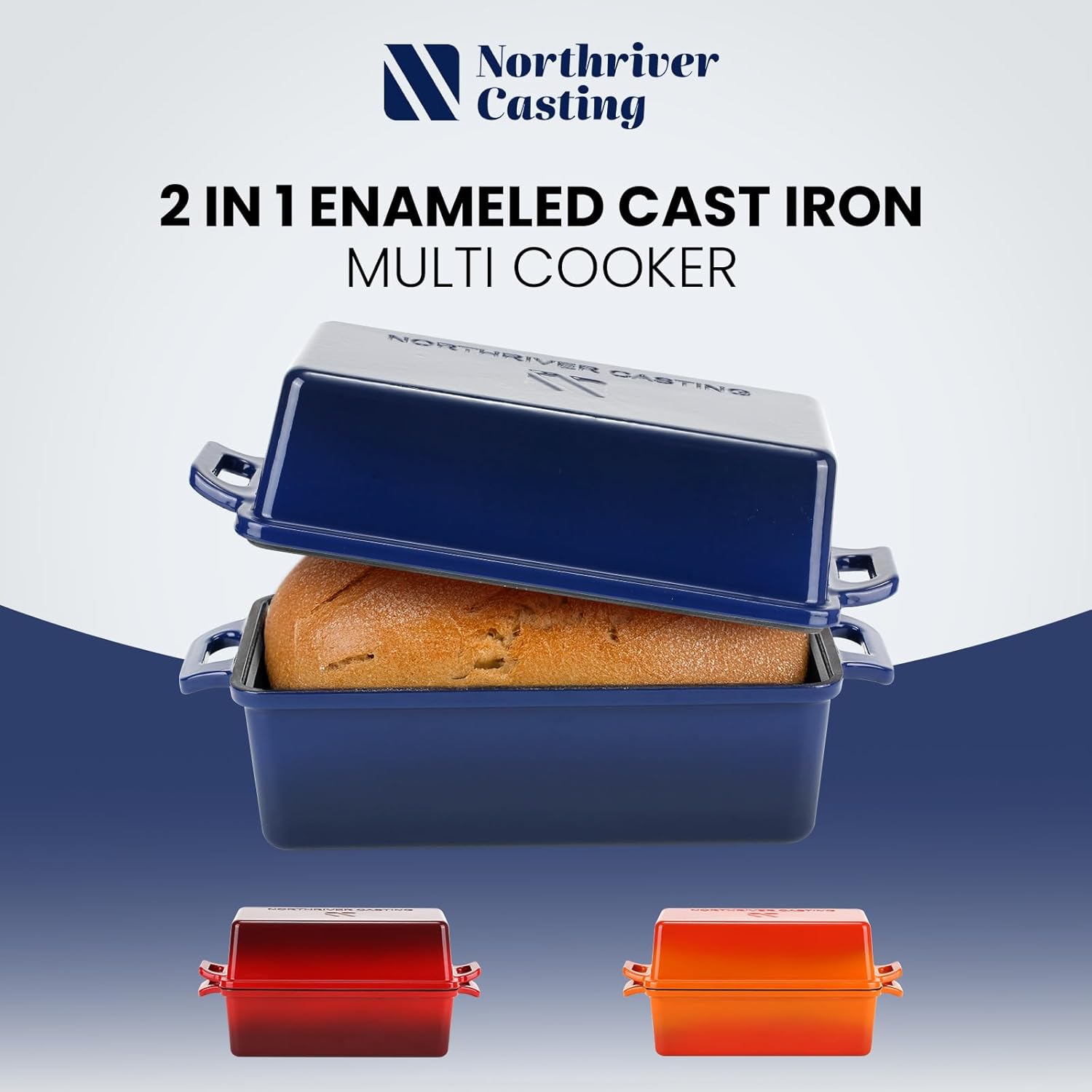 2 in 1 Enameled Cast Iron Bread Pan with Lid, Perfect Bread Oven, Loaf Pans for Baking Homemade Sourdough Bread 9x5, 2 Piece set, Navy Blue