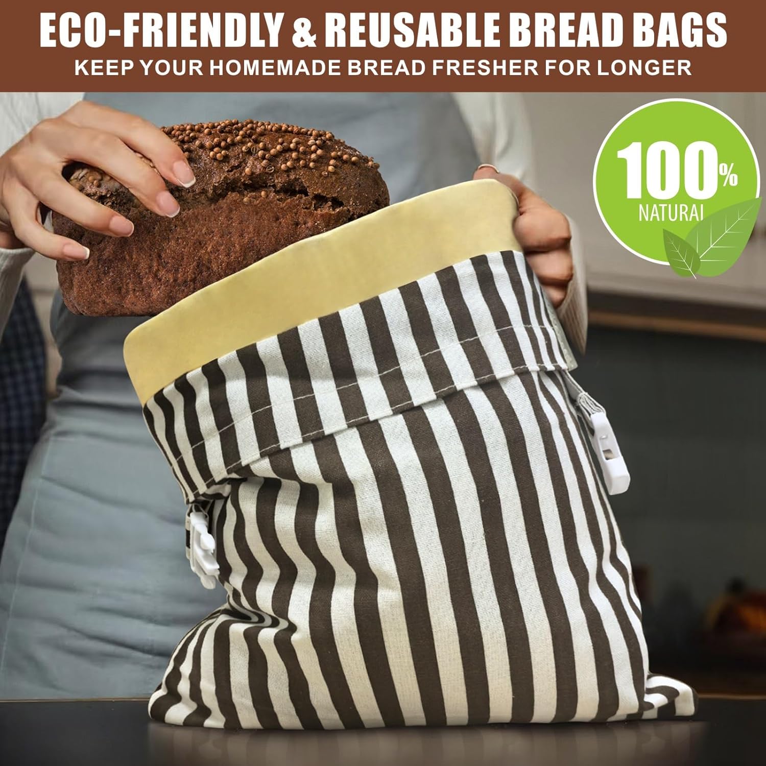 Mosucoirl Beeswax Bread Bags 2 Pack, Reusable Bread Storage Boxes for Homemade Sourdough, Cotton Food Bags Loaf Containers to Keep Fresh Large (Striped Grid)