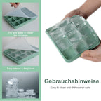 Ice Cube Trays Set of 3, Easy Release 15 Flexible Silicone Ice Cube Molds with Removable Lid Reusable Freezer Ice Trays Stackable for Whiskey, Baby Food, Green