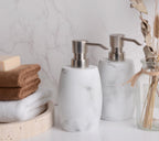 Resin Hand Soap Dispenser, Refillable Soap Dispenser with White Marble Look and Metallic Pump, Waterproof Bottle Labels for Bathroom Kitchen Dish Hand Wash Shower Lotion Shampoo (12 Oz)