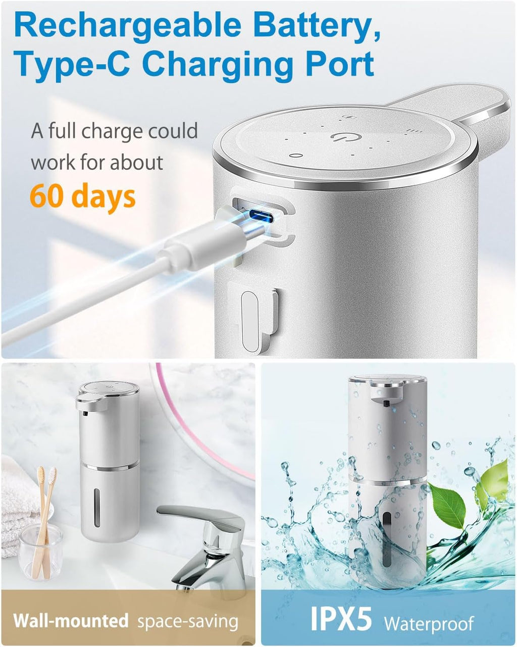 Automatic Foaming Soap Dispenser,4-Level Adjustable Foam, Wall Mount, USB Rechargeable,12.8oz/ 380ml,Touchless Hand & Dish Soap Dispenser for Bathroom, Kitchen,Hotel, Restaurant