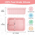 Bento Lunch Box for Kids-Reusable Silicone Kids Bento Box Lunch Container Leakproof Lunchbox Meal Prep Food Storage Containers with 3 Removable Compartments–Dishwasher Safe/BPA Free/Portion Control
