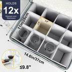 Wine Glass and Mug Storage Box with Dividers - 2 Pack China Storage Containers Set Holds 24 Glassware , Stemware，Coffee Mug and Tea Cup, Organizer Bin with Sturdy Metal Zipper,Label and Handles (Grey)