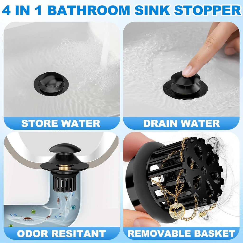 Universal 4 in 1 Bathroom Sink Drain Strainer with Removable Filter Basket, Pop Up Pure Copper Bathroom Sink Stopper, Anti-Clogging Bathroom Drain Stopper Sink Plug Black