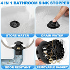 Universal 4 in 1 Bathroom Sink Drain Strainer with Removable Filter Basket, Pop Up Pure Copper Bathroom Sink Stopper, Anti-Clogging Bathroom Drain Stopper Sink Plug Black