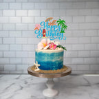 Gyufise 1Pcs Summer Beach Happy Birthday Cake Topper Glitter Ball Tree Umbrella Pool Cake Pick for Hawaiian Holiday Baby Shower Birthday Party Cake Decorations Supplies Blue