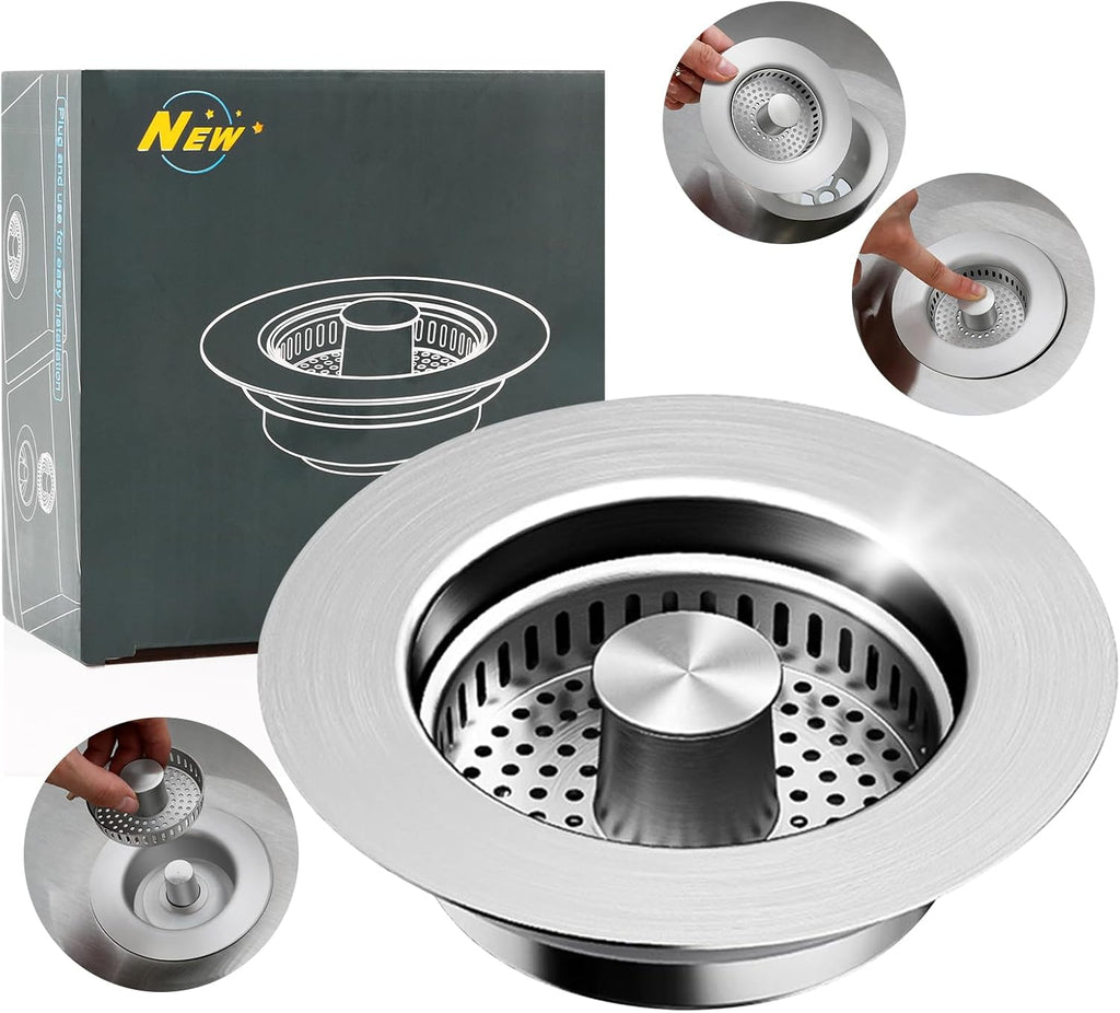 3-in-1 Stainless Steel Kitchen Sink Drain Strainer – Pop-up Sink Stopper with Sealing Ring, Anti-Clog & Odor-Proof Drain Filter, Fits 3-1/2 Inch Sink Drain Holes, Easy Installation