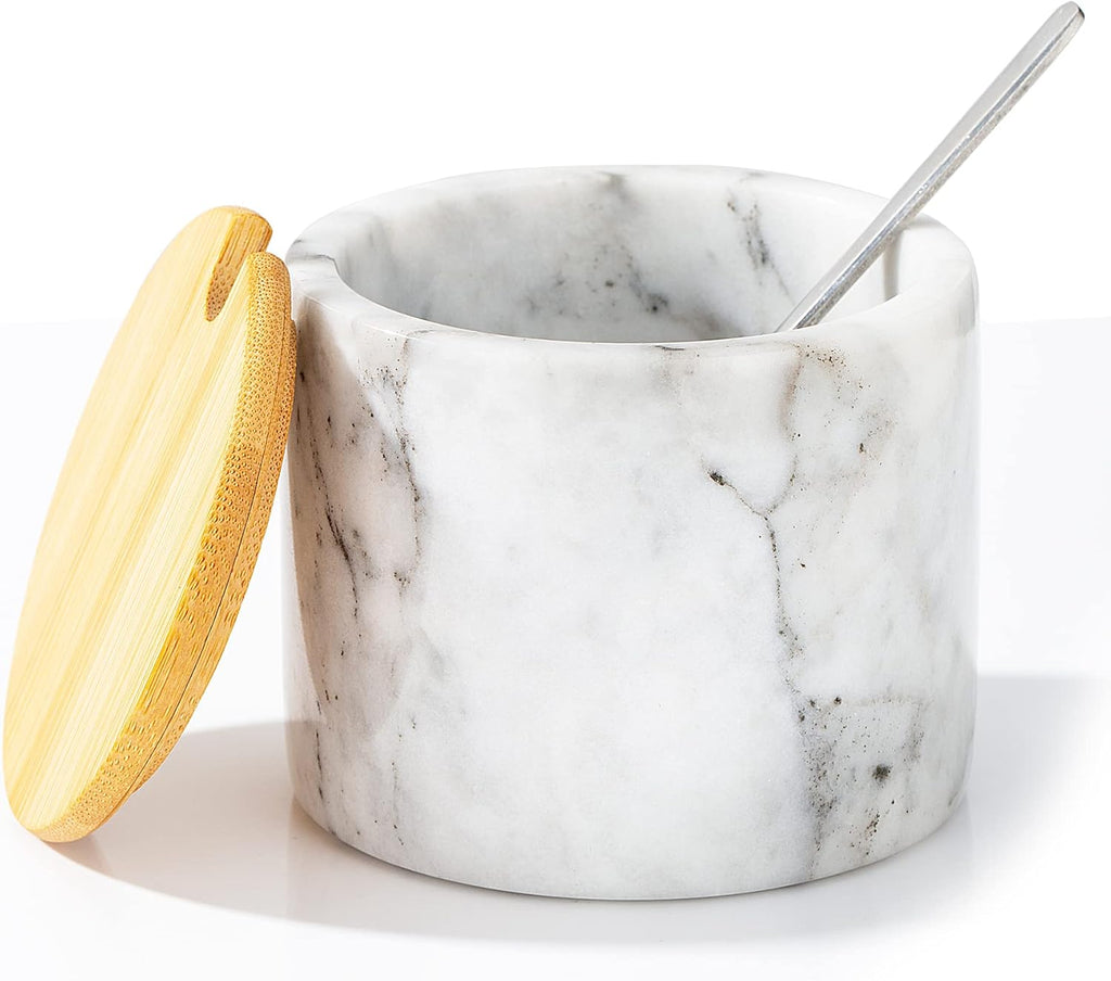 Marble Salt Cellar with Lid & Spoon, 11oz Salt and Pepper bowls, Handcrafted from Natural Marble, Smooth Inside (White)