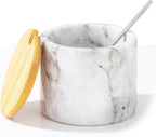 Marble Salt Cellar with Lid & Spoon, 11oz Salt and Pepper bowls, Handcrafted from Natural Marble, Smooth Inside (White)