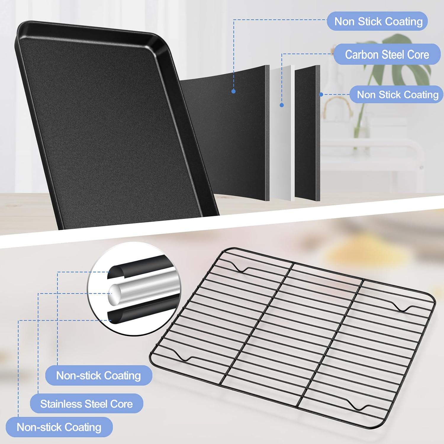 TeamFar Toaster Oven Pan with Rack, 12.5 x 9.7 x 1” Coated Carbon Steel Cookie Baking Pan Tray with Cooling Rack, for Baking/Roasting/Cooling, Healthy & Heavy-Duty, Non-Stick & Easy Clean