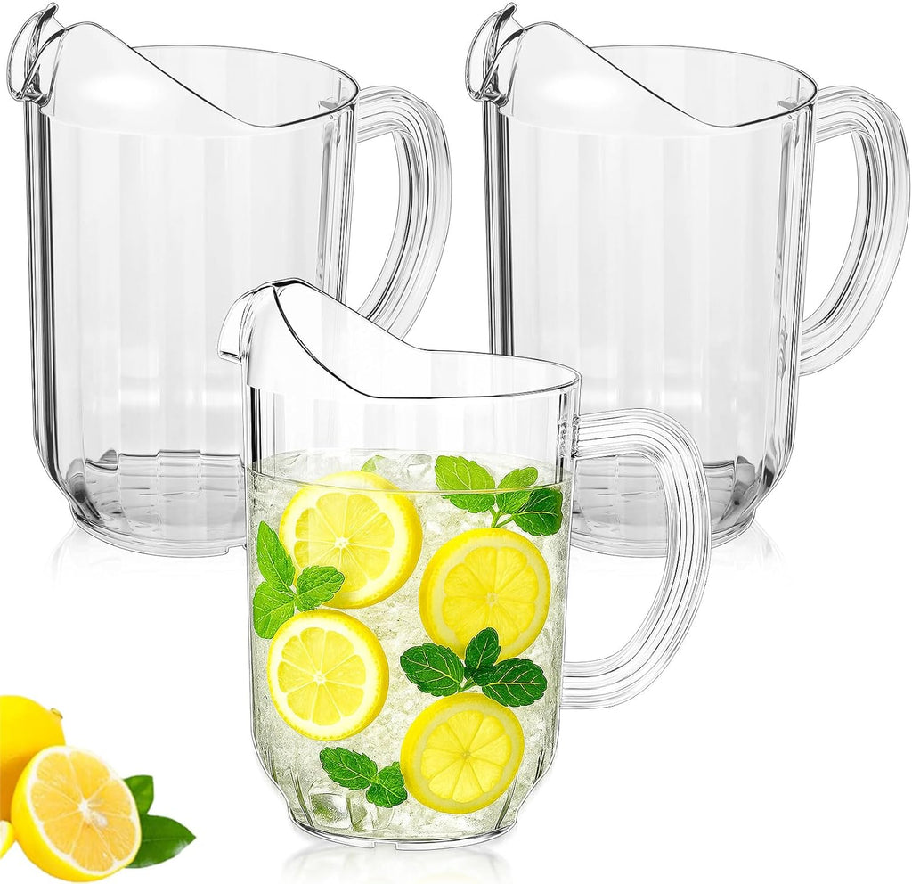 Tessco for you Plastic Pitchers 60 Ounce Clear Restaurant Jug Large Water Pitcher Carafe Serve Milk Tea Juice Drink for Parties Container Dispenser Beer Jar(3 Pcs)