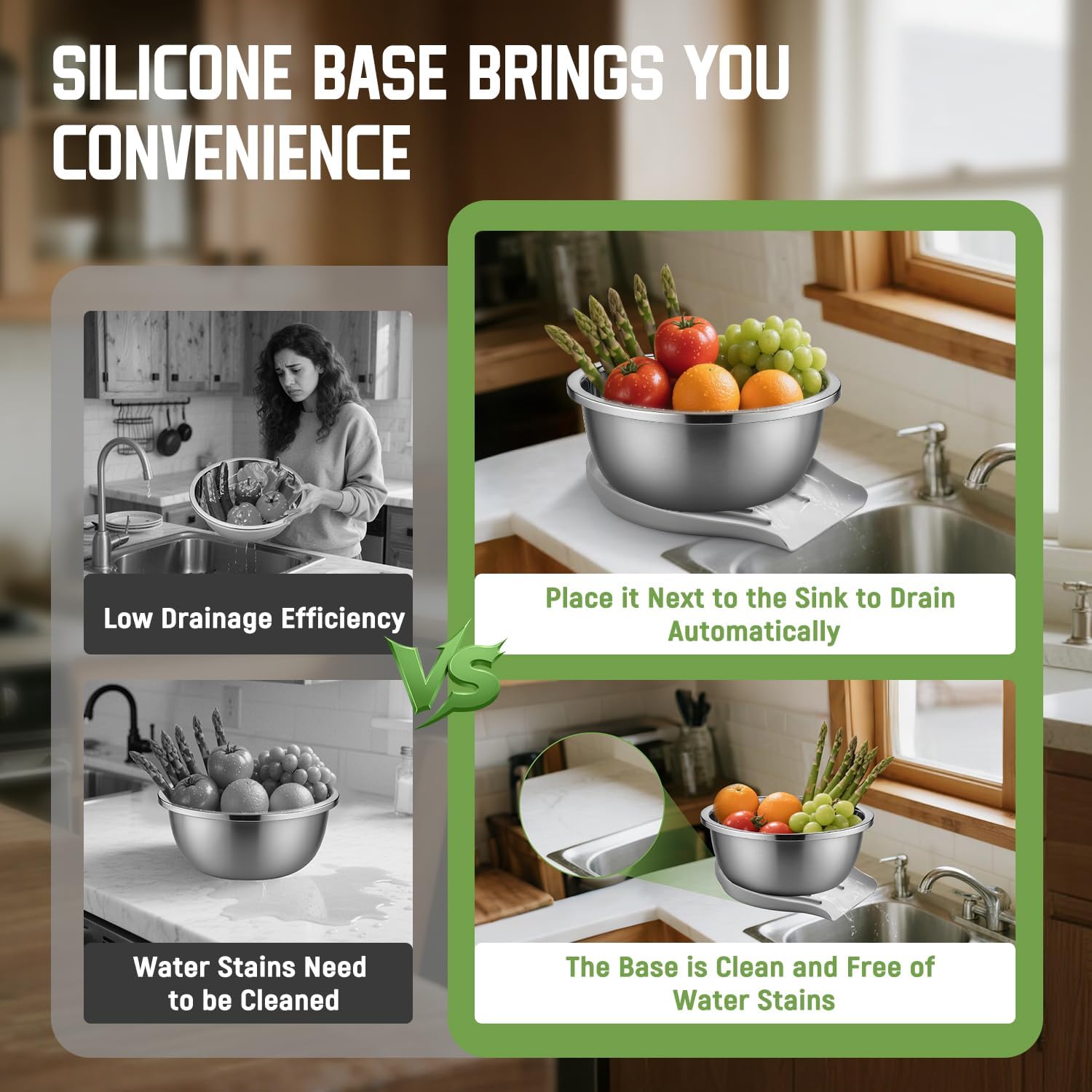 304 Stainless Steel Colander with Self-Draining Base, Goldusk 5QT Food-Grade Silicone Base Large Colander Strainer for Kitchen Pasta Strainer Washing Bowl for Pasta Rice Fruits Vegetables