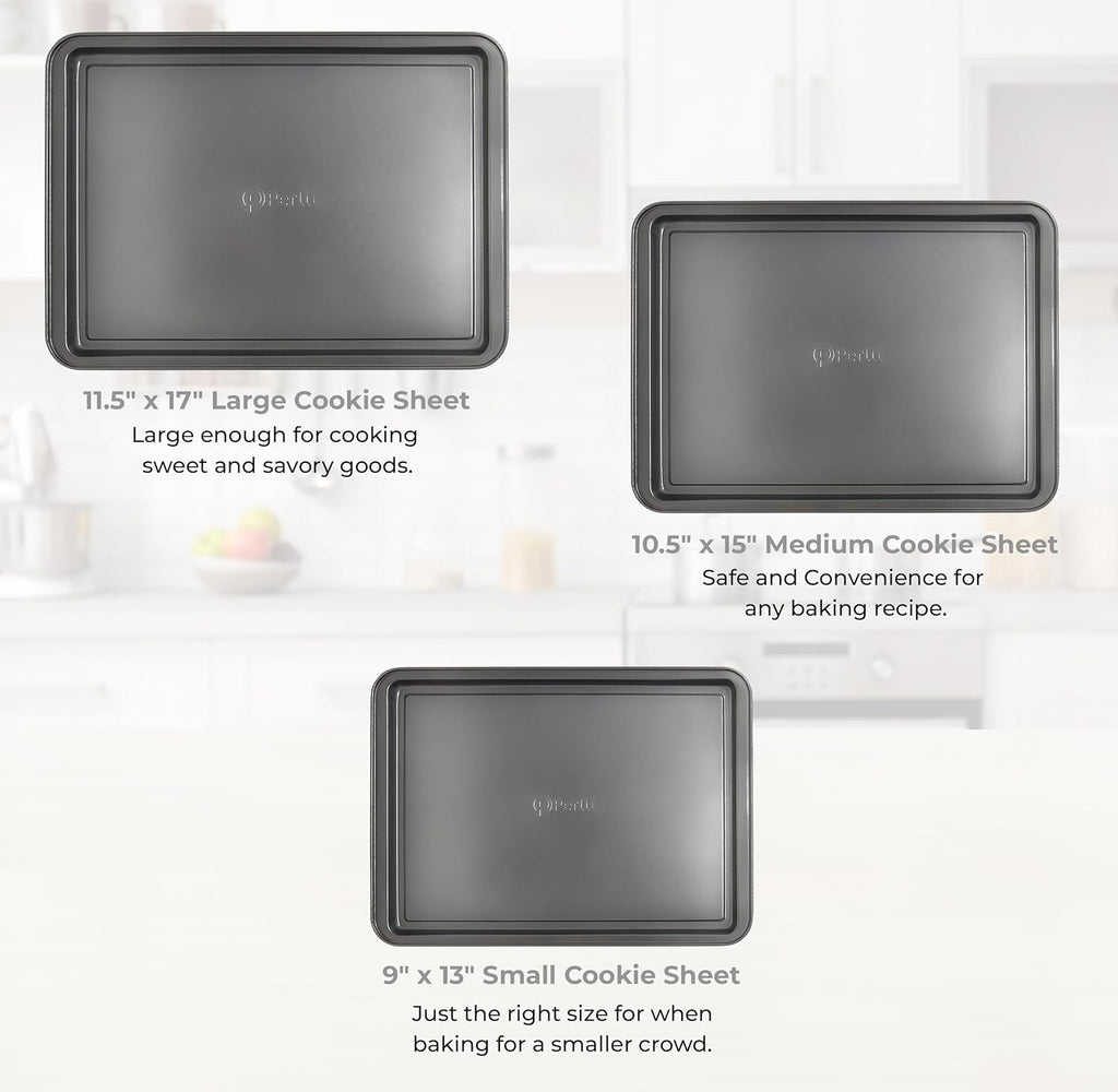 PERLLI Non-Stick 3-Piece Baking Pan Set, BPA-Free Gray Carbon Steel Bakeware Set, Stackable Kitchen Oven Set, Cookie Sheet, Baking Tray, Baking Sheet Set, Oven Safe (446°F)