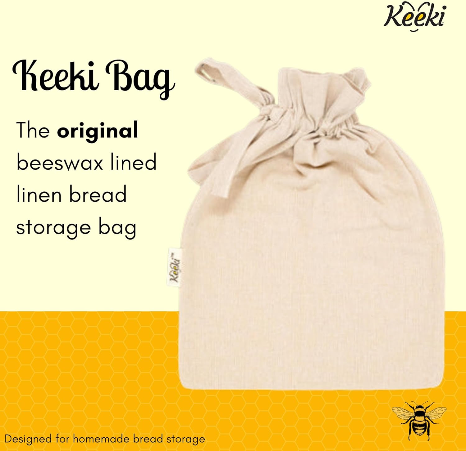 Keeki Bag - The Original Beeswax Lined Bread Bag for Homemade & Sourdough | Reusable Linen Bread Storage | Beeswax Wrap Alternative | Plastic-Free Storage w/Wide Drawstring Closure (Yellow)