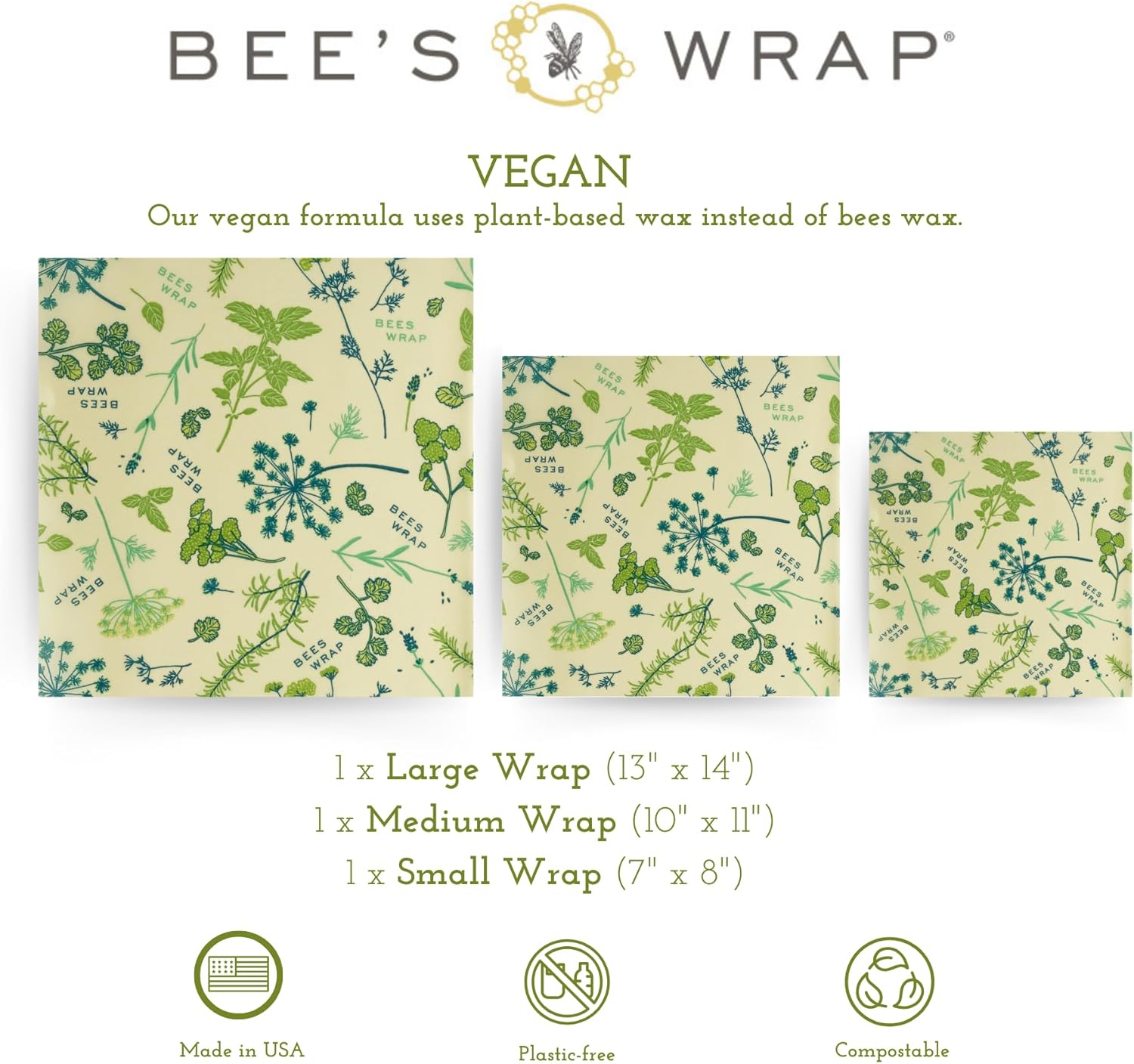 Bee's Wrap Vegan Beeswax Wraps for Food - Vegan Herb Garden 3 Pack (S, M, L) Made in USA Reusable & Organic Food Wraps, Sandwich Wrap & Bowl Covers - Eco Alternative to Aluminum Foil & Plastic Wrap