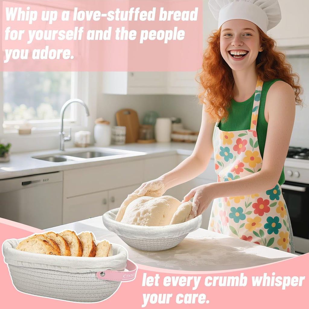 Bread Proofing Basket, 2 Set, Oval & Round Baskets with Cloth Liners & Pink Covers - Artisan Sourdough Baking Supplies, Decorative Baking Tools for Kitchen & Gift for Baker