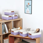 DULLEMELO Small Storage Baskets 6 Pack, Fabric Collapsible Gift Storage Baskets for Shelves, Closets, Nursery, Home, Office Organizing,Small Canvas Linen Rectangular Storage Bins (White&Purple)