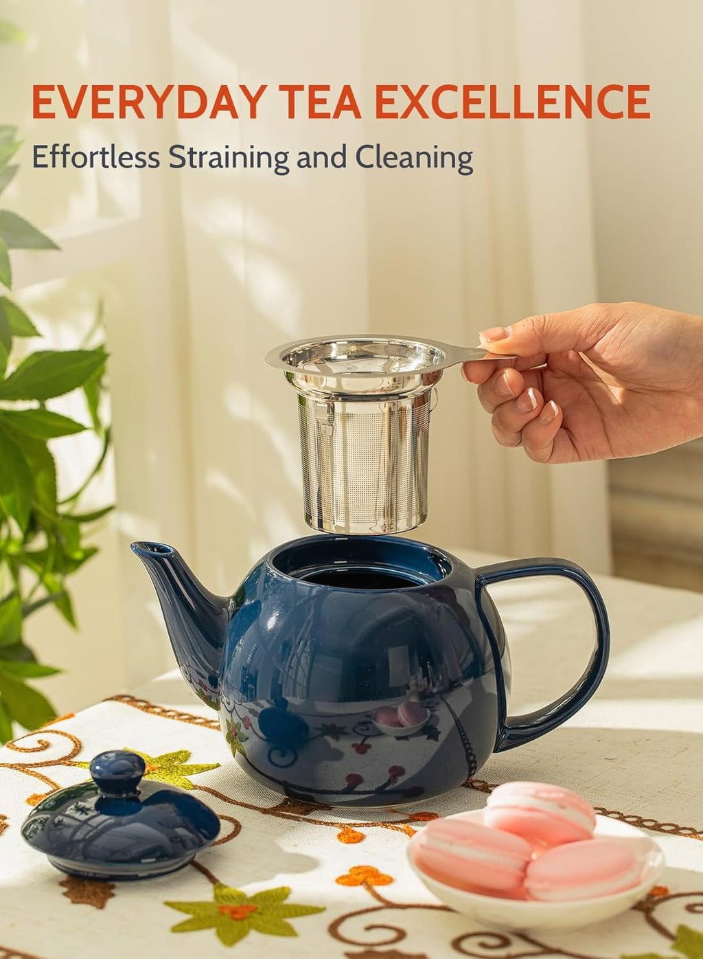 Sweese Teapot, Porcelain Tea Pot with Stainless Steel Infuser, Blooming & Loose Leaf Teapot - 27ounce, Navy