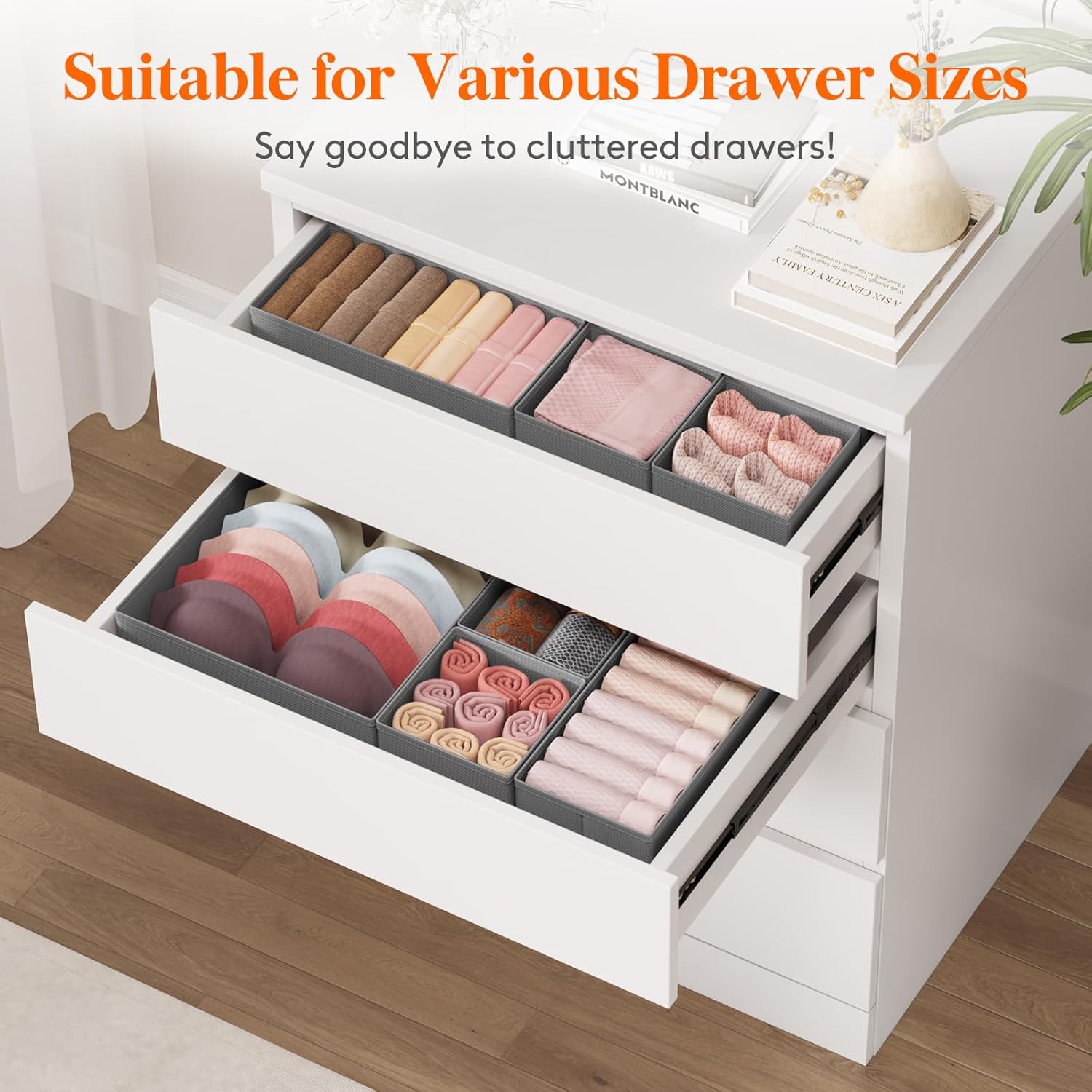 Lifewit 24 Pack Drawer Organizer, Dresser Underwear Drawer Organizer Bins, Foldable Fabric Closet Organizers, Storage Drawer Dividers, Dorm Room Essentials for Clothing, Socks, Towels, Ties Gray