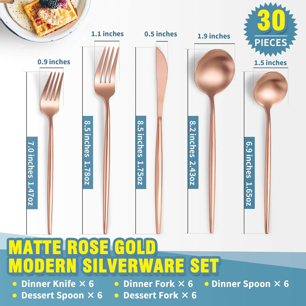 Matte Rose Gold Silverware Set for 6,Modern Stainless Steel Brushed Cutlery Set,30-Pieces Heavy Duty Flatware Set,Knives Spoons and Forks Set Utensils Set, Satin Finish, Dishwasher Safe
