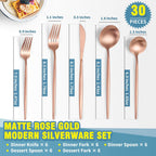 Matte Rose Gold Silverware Set for 6,Modern Stainless Steel Brushed Cutlery Set,30-Pieces Heavy Duty Flatware Set,Knives Spoons and Forks Set Utensils Set, Satin Finish, Dishwasher Safe