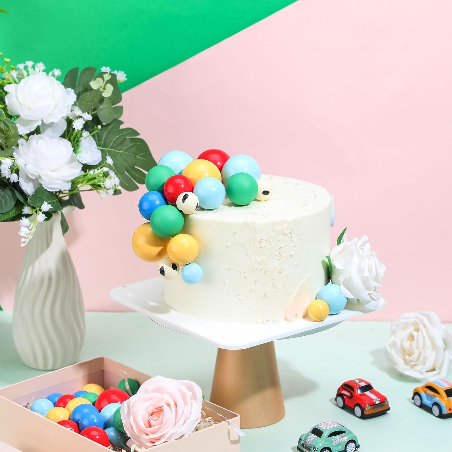 108 Pcs Balls Cake Topper DIY Cupcake Insert Foam Balloons for Cake Baking Wedding Anniversary Birthday Decoration(Green,Blue,Yellow,Red,Cow Color,Multi Sizes)