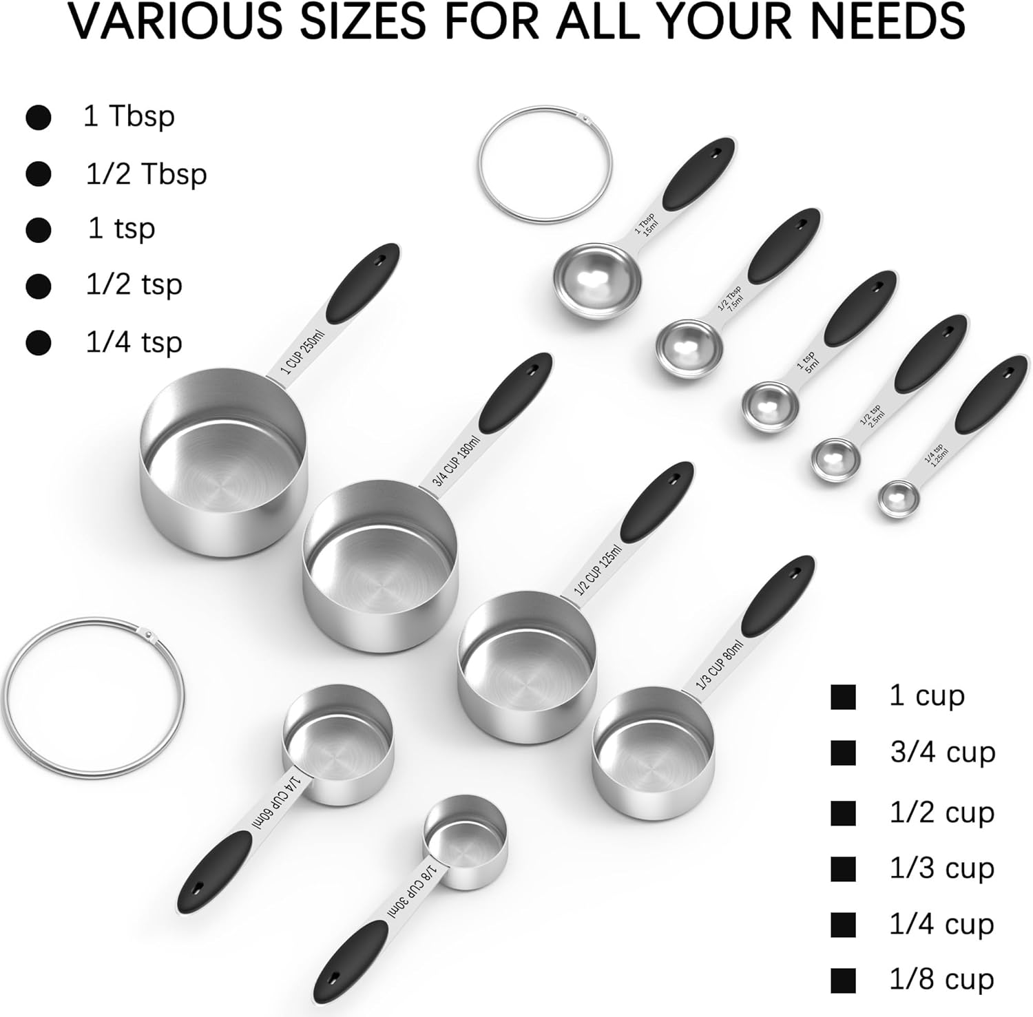 TILUCK Measuring Cups and Spoons Set, Stainless Steel, Kitchen Utensils for Cooking and Baking (11, Black)