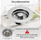 Kitchen Sink Drain Strainer – 304 Stainless Steel 3-in-1 Pop Up Design, Anti-Clogging Sink Strainer Basket for US Standard 3.5" Kitchen Drain, Water Storage & Debris Filter