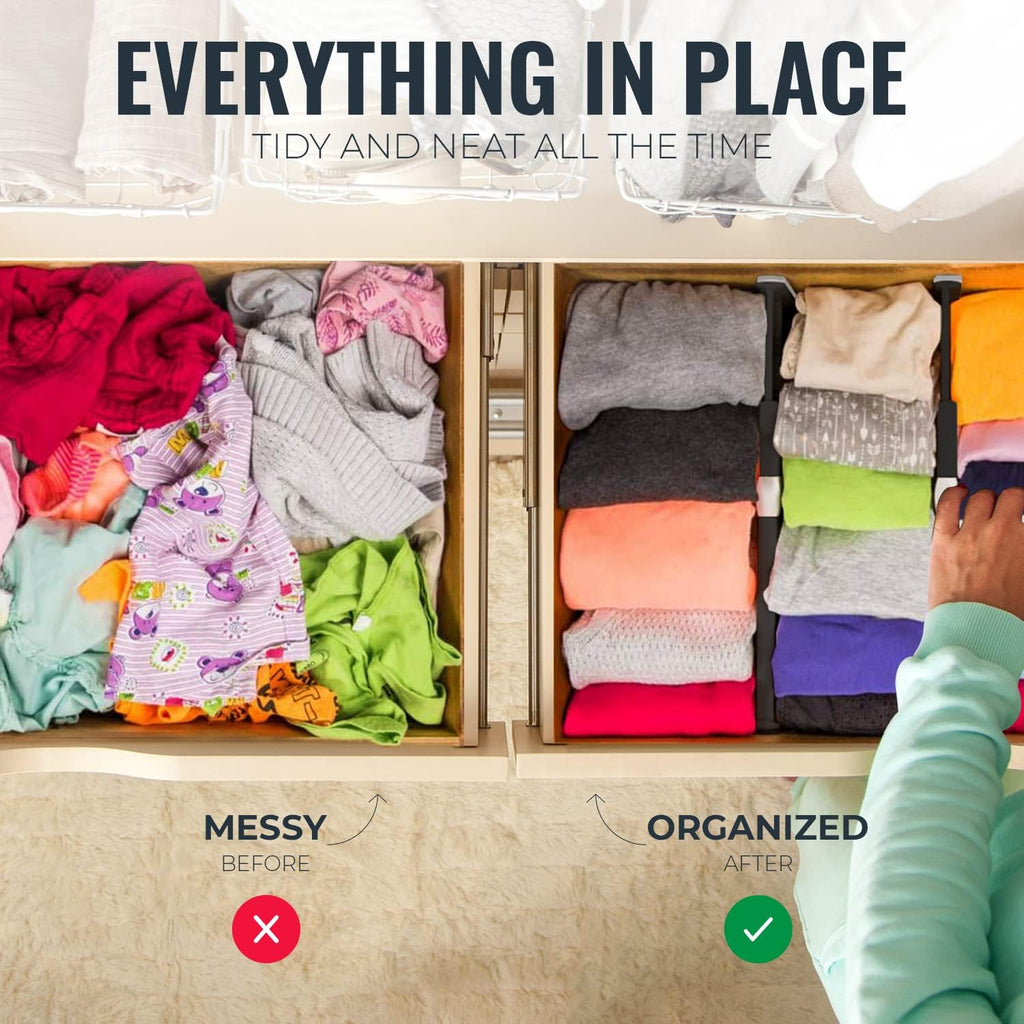 RAPTUROUS Adjustable Drawer Dividers, 6" Tall, Expandable 13-22", 4-Pack, Non-Slip for Deep Drawers in Kitchen, Bedroom, Office, and Nursery (Black)