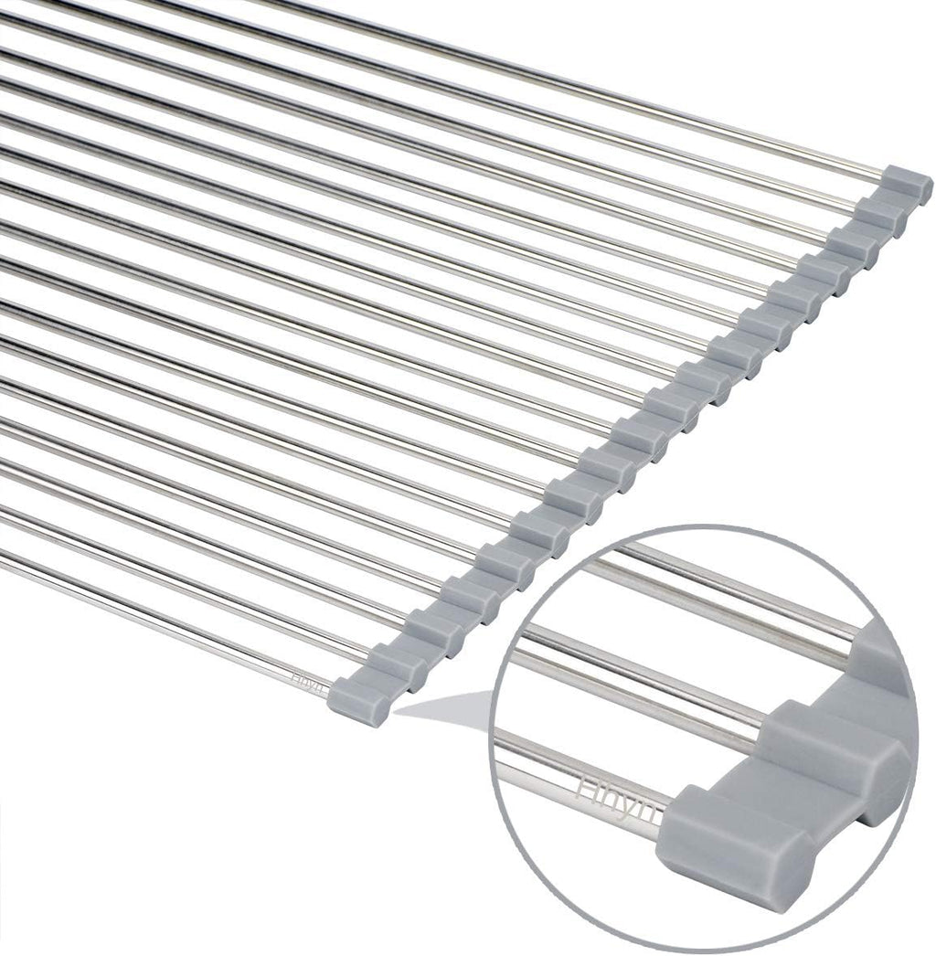 Roll Up Dish Drying Rack 20.5"(L) x 13.8"(W) - Stainless Steel and Silicone Dish Drying Mat Over The Sink Foldable Drain Rack Multipurpose Dish Drainer Extra Large, Gray