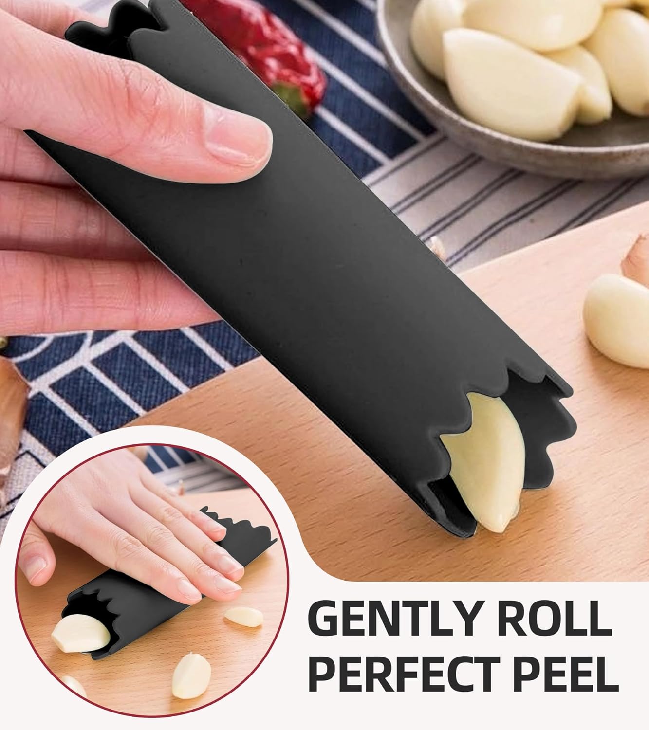 Stainless Steel Garlic Press Set w/Silicone Peeler & Brush, Heavy Duty Metal Garlic Mincer, Dishwasher Safe, Easy Clean (Regular Handle)