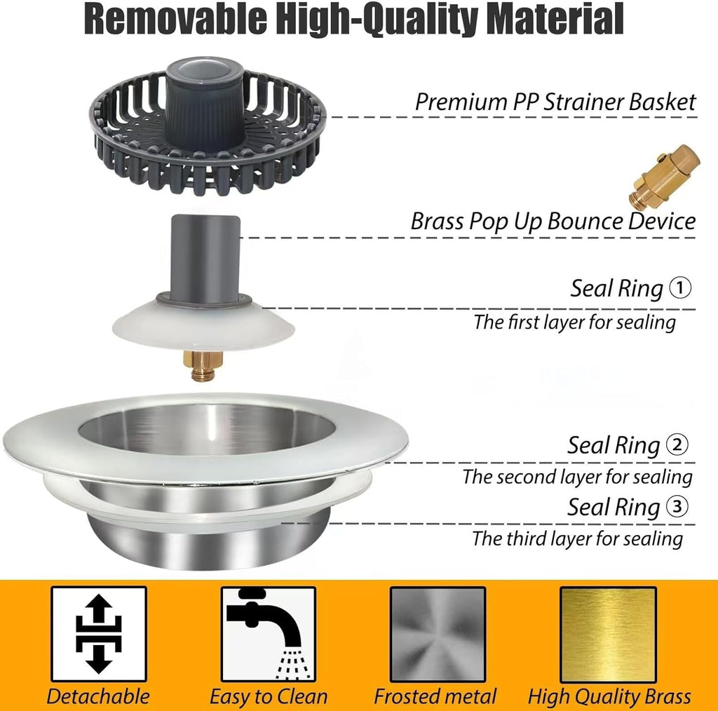 Kitchen Sink Drain Strainer, 3 in 1 Pop Up Kitchen Sink Stopper, with An Extra Basket Strainer, Universal for US Standard 3-1/2 Inch, Chrome Silver