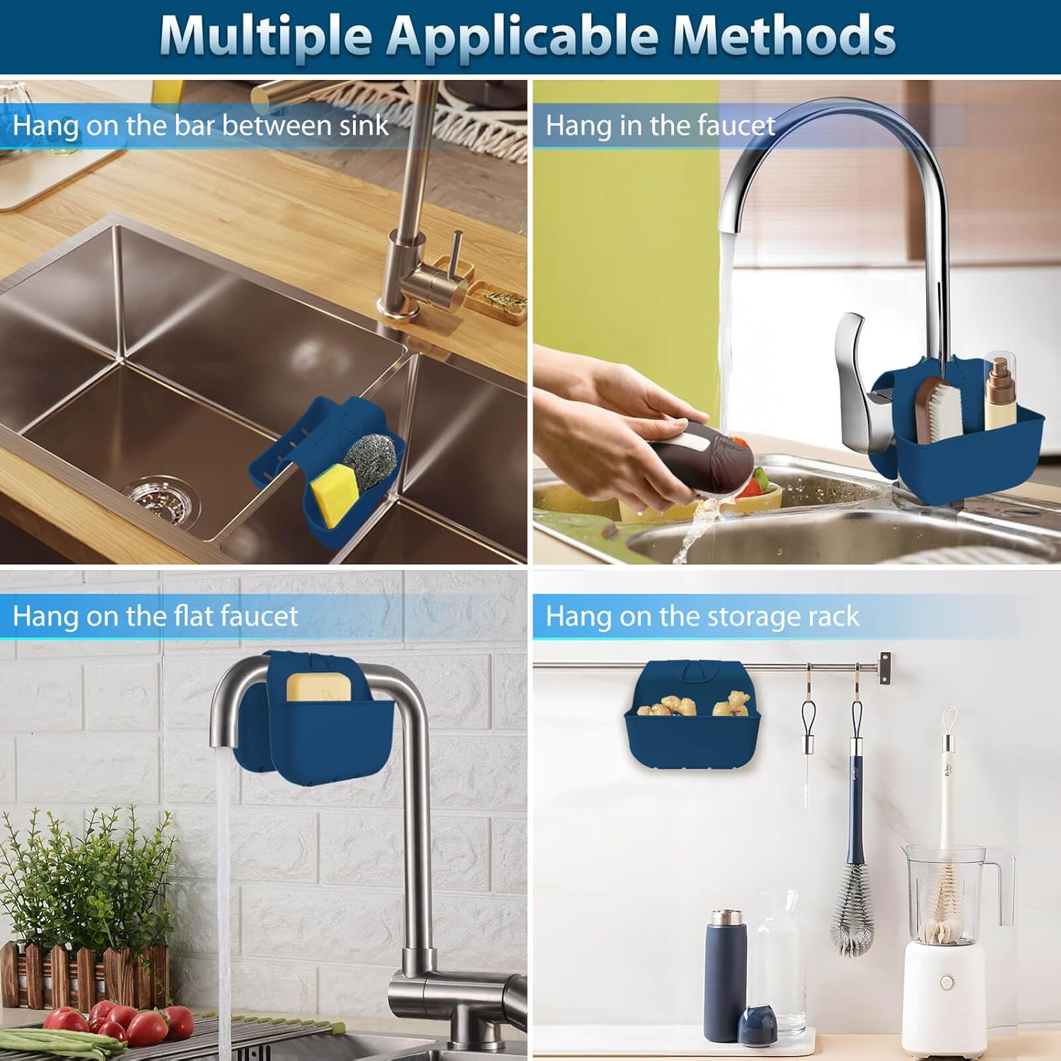 Sponge Holder for Kitchen Sink, Silicone Sink Saddle Caddy Organizer Rack, Sponges Holder Over Faucet, Hanging Kitchen Organizer Accessories Rack Basket Navy Blue